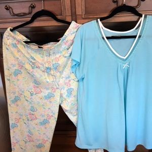 Lightweight long pants, short sleeve top in a light blue, multi color bottoms